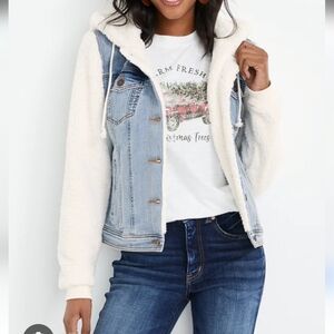 White Sherpa Denim Jacket Denim and Sherpa Hooded Jacket Maurices Size SMALL NEW